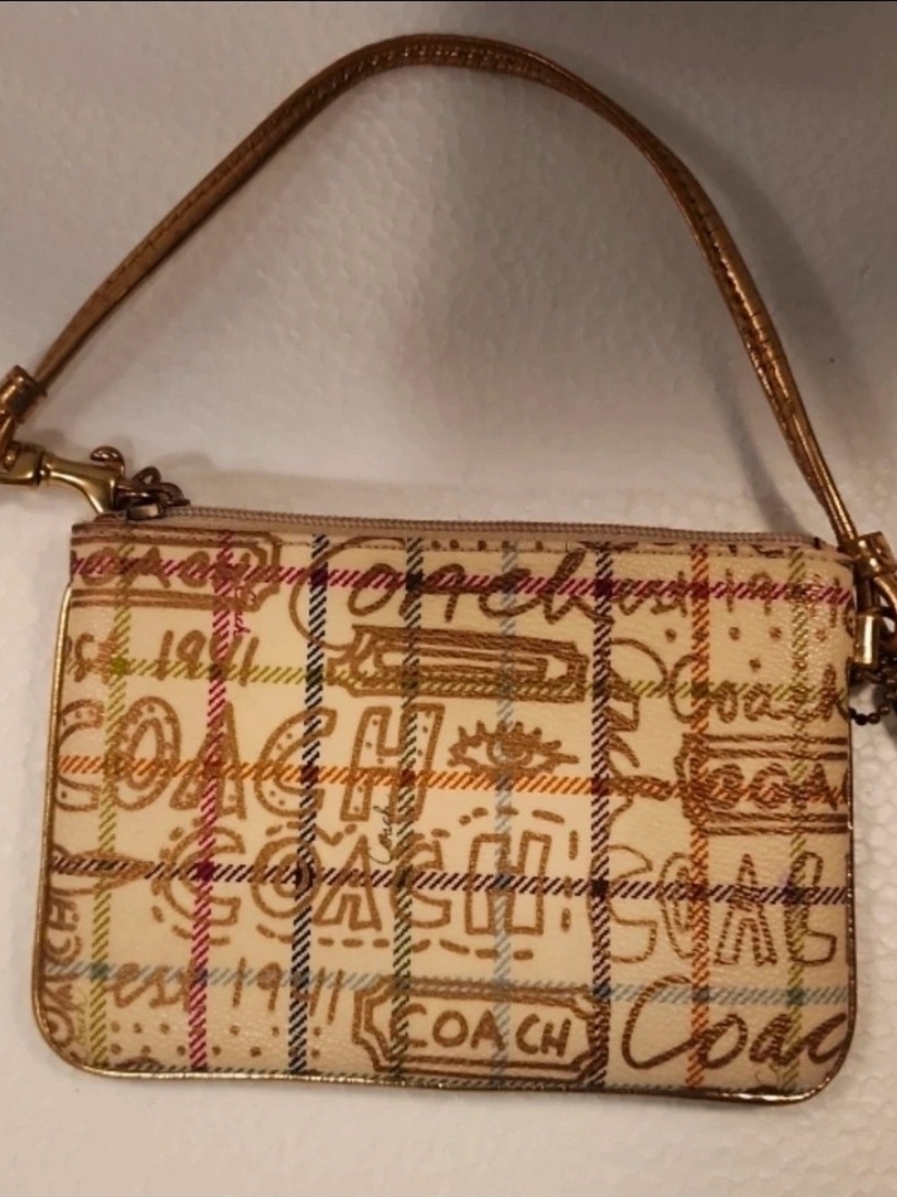 Coach Heritage Graffiti Cream Multicolor Plaid Wristlet with Gold Trim